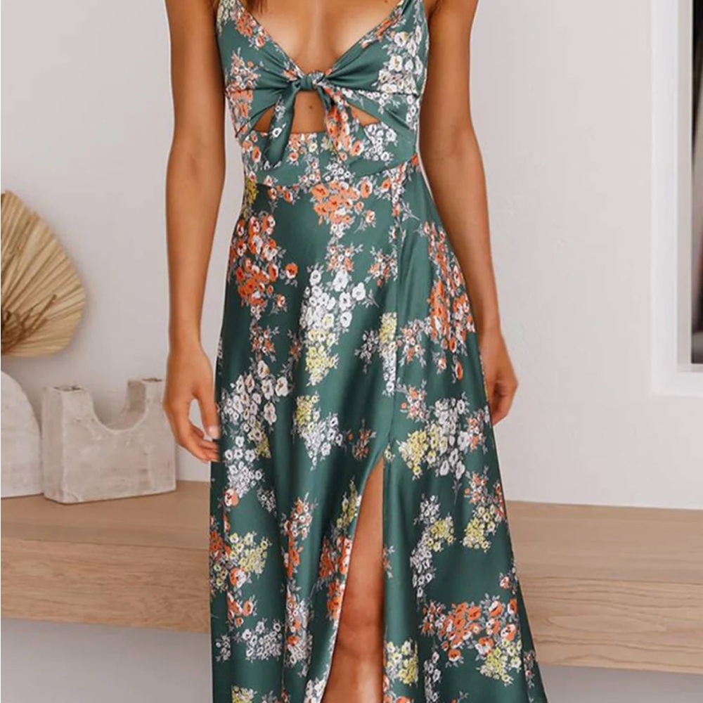 Green Floral Print Bust Knot Maxi Dress with Slit